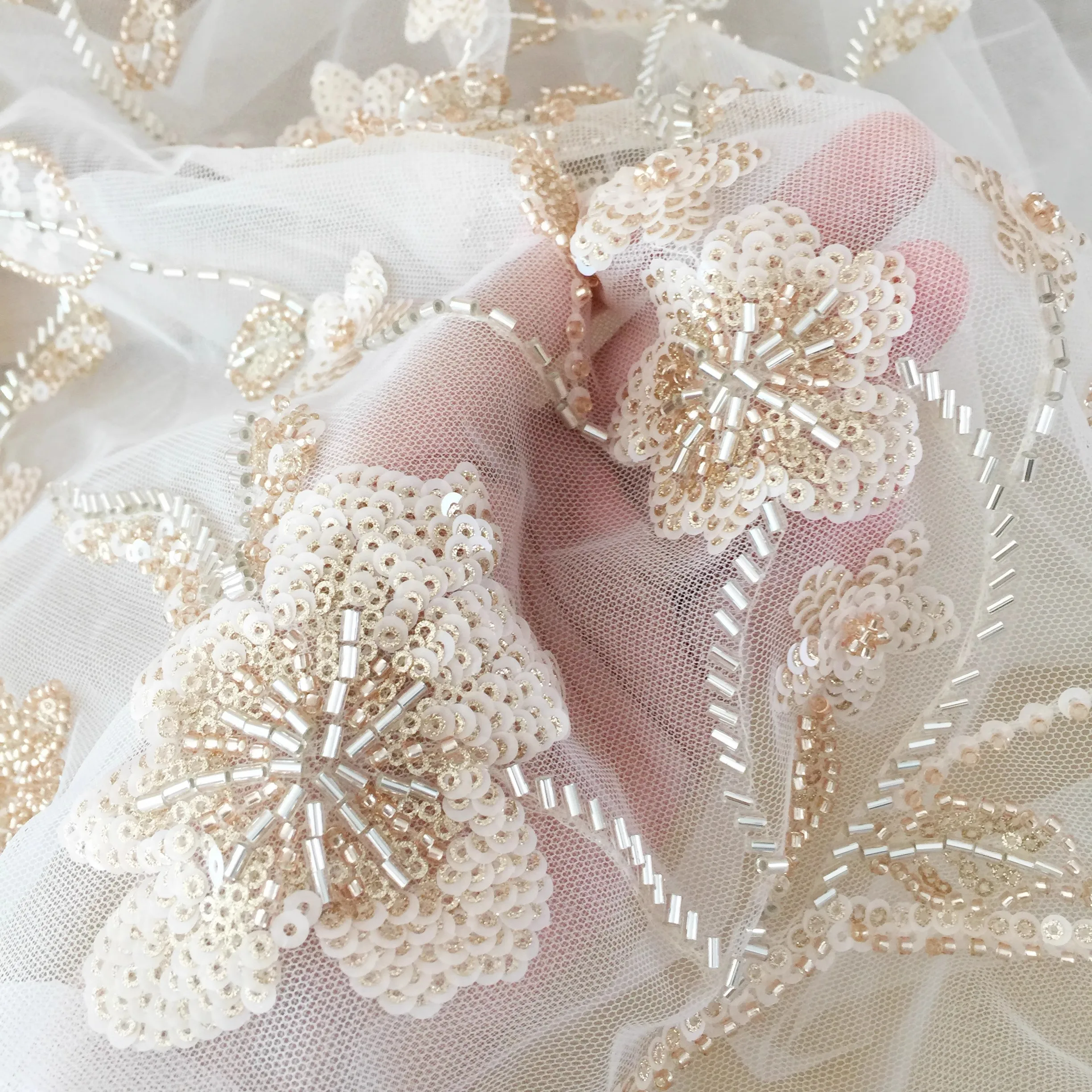 

1yard 3D nail bead embroidery lace fabric Light shrimp pink Xiuhe wedding dress african lace fabric