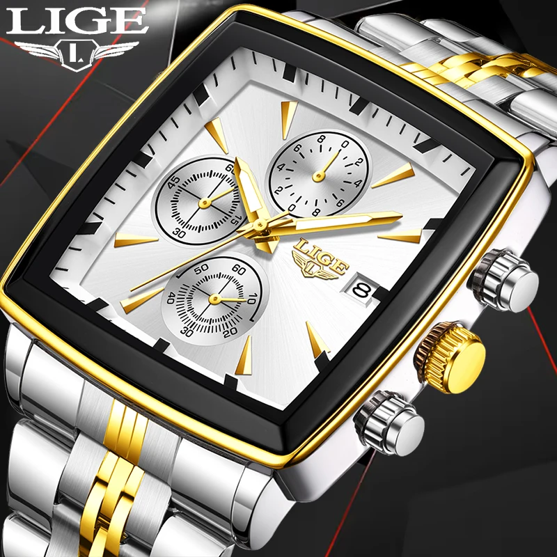 

LIGE новые мужские кварцевые часы модные деловые часы мужские квадратные из нержавеющей стали водостойкий светящийся хронограф Relogio Masculino