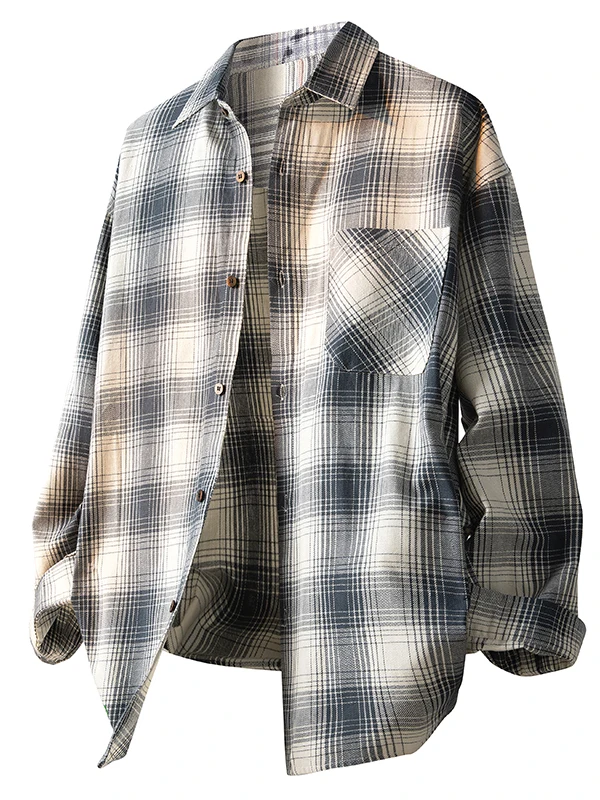 

Trendy Plaid Long Sve irt Men's Casual Sle Spring Autumn New Korean Version Breathable Cotton Polyester Outerwear