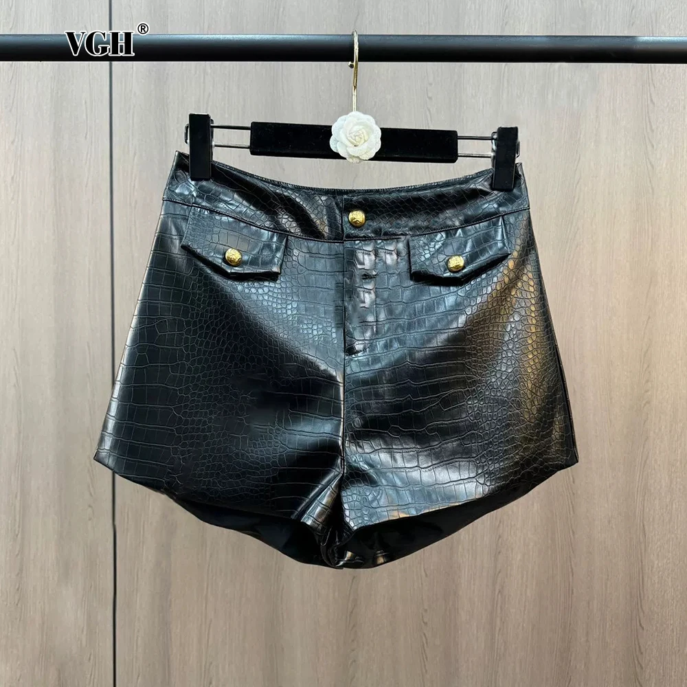 VGH Black Color Spliced Zipper Women Leather Shorts High Waist Spliced Metal Buttons Folds Wide Leg Pant Female Autumn New Style