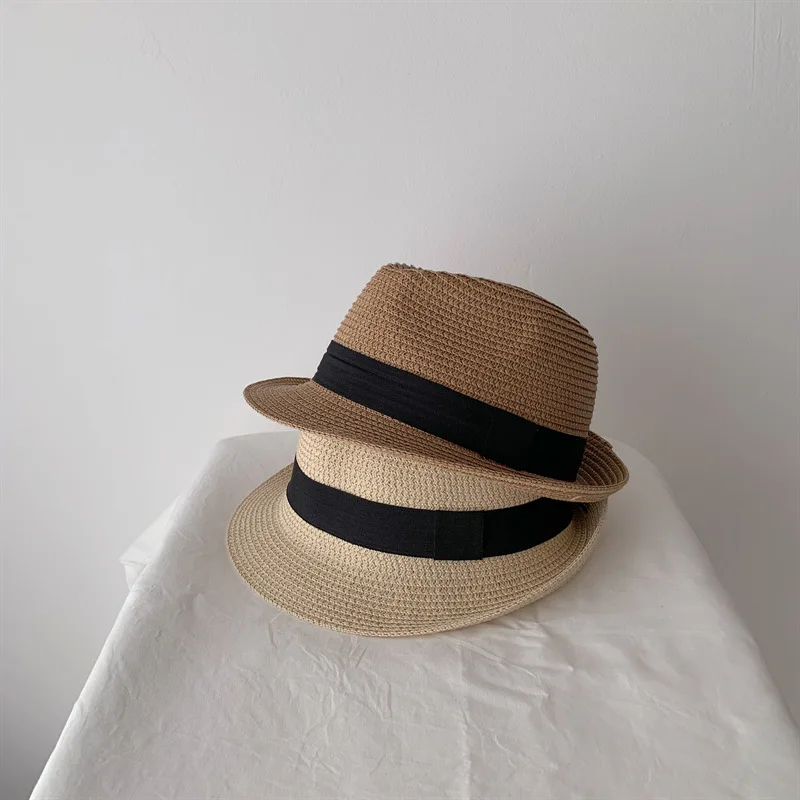 Children Kids Summer Beach Straw Hat Jazz Trilby Hat Outdoor Breathable Hats Girls Boys Sunhat