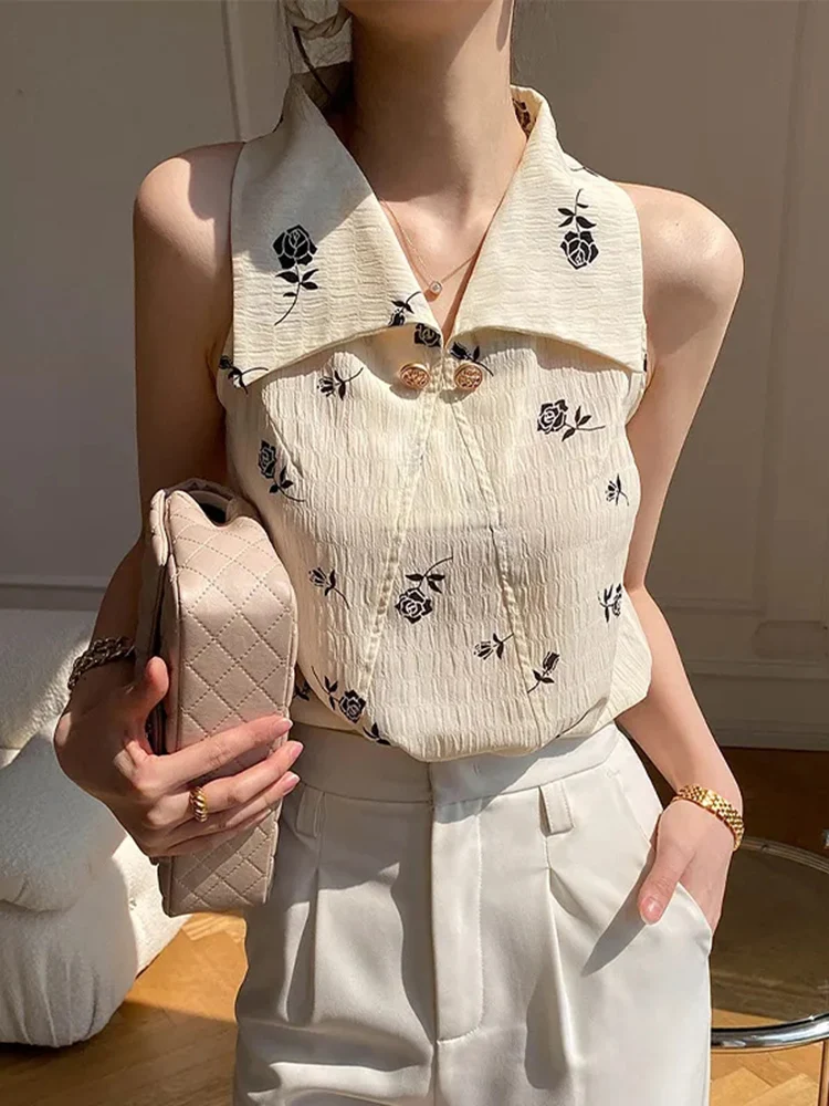 Vintage Print Sleeveless Shirt Women Korean Elegant Chiffon Blouse Summer Retro Design Turn Down Collar Office Lady Tops