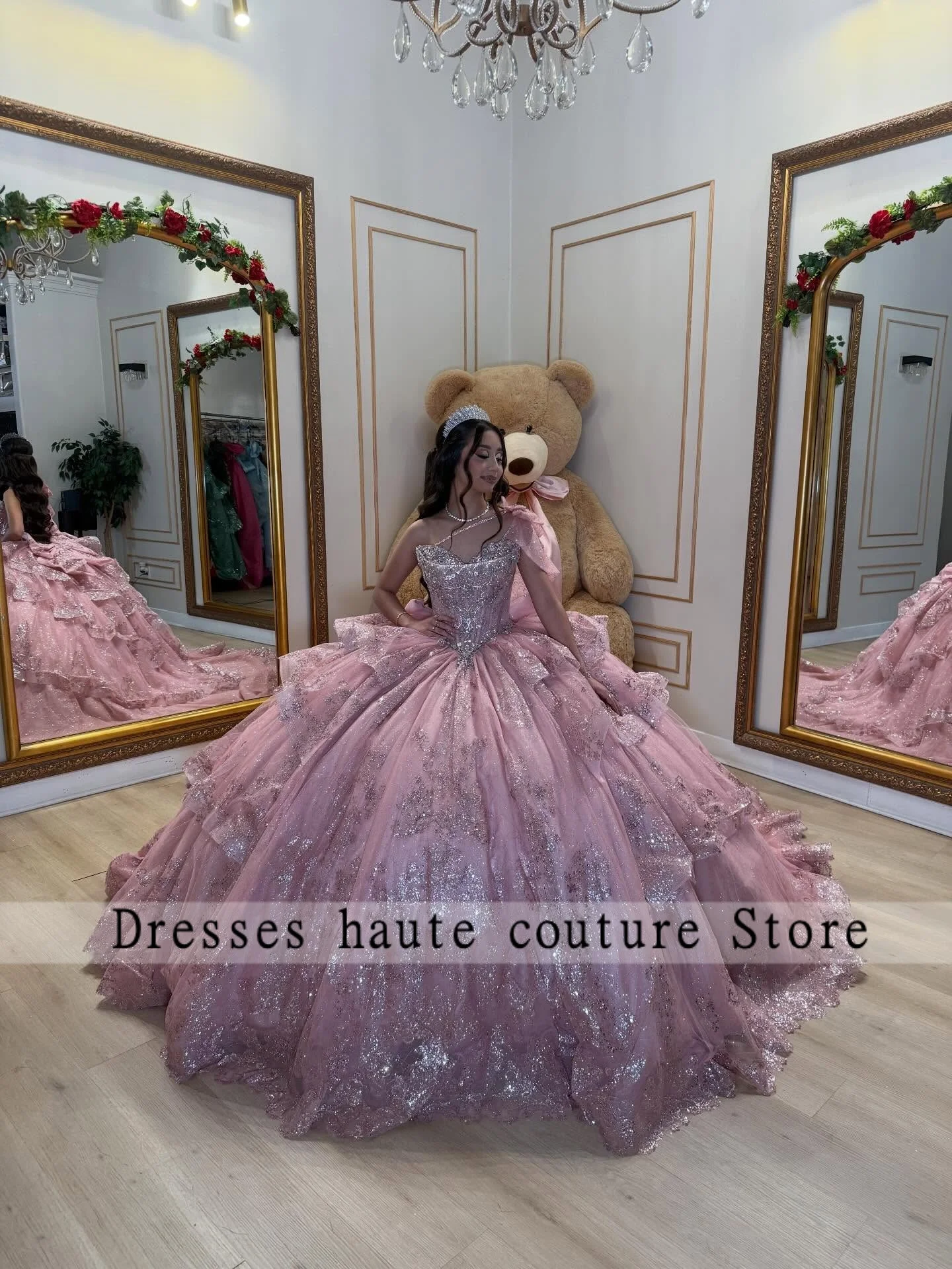 Vestido de baile rosa com um ombro só, com camadas de glitter, para festas de 15 anos, vestidos de 16 anos, vestidos de 15 anos para meninas, personalizado.