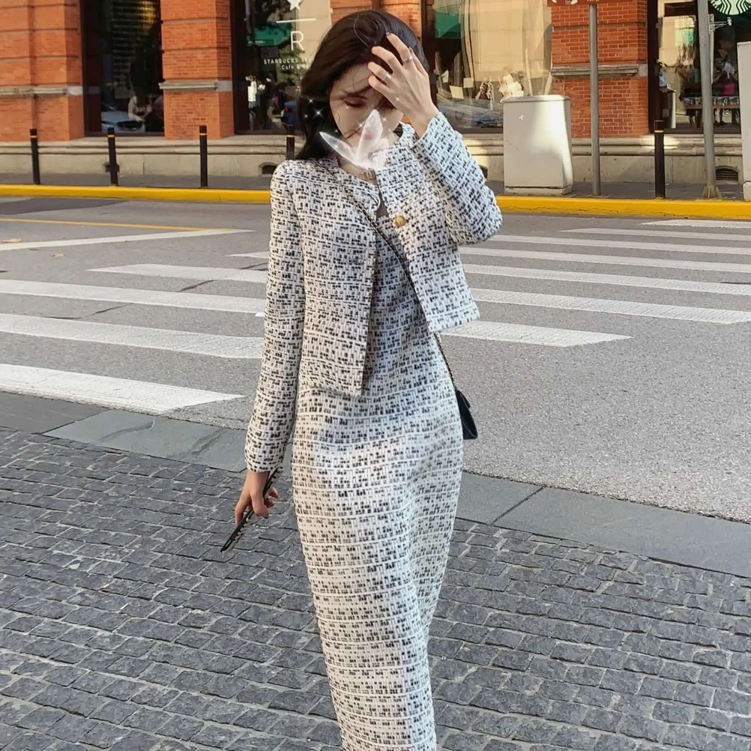 French High-Quality Two-Piece Small Fragrant Tweed Long-Sleeved Coat Sleeveless Vest Dress Women Spring Autumn New Fashion Suit
