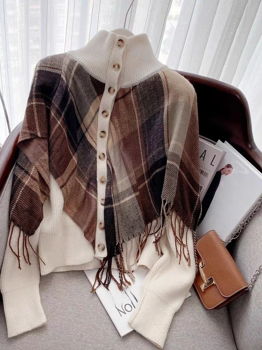 

Thiened Woolen Scarf High Collar Sweater Cardigan Women's Loose Fit Winter Outerwear Korean Sle Lazy Faion Tassel Design
