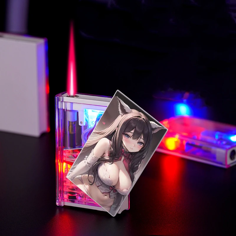 New Windproof Pink Flame Sexy Girl Lighter Cute Pattern Transparent Body Colorful Light Butane Torch Jet Lighter Smoking Gift