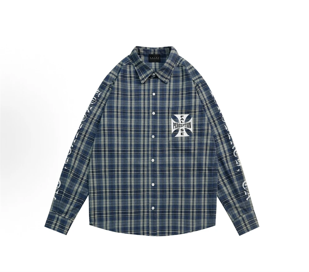 Cross logo checkered long sleeved shirt Plaid Shirts Men Women Handmade destruction of tassels at the hem Oversize Shirt