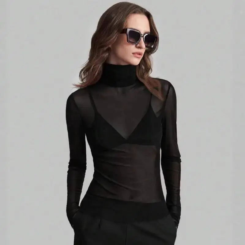 Long Sleeve Sexy Spring Summer Stand Collar Solid Color Mesh Slim Fit Long Sleeve Ladies Elegant Commuter Slimming Bottom Tops