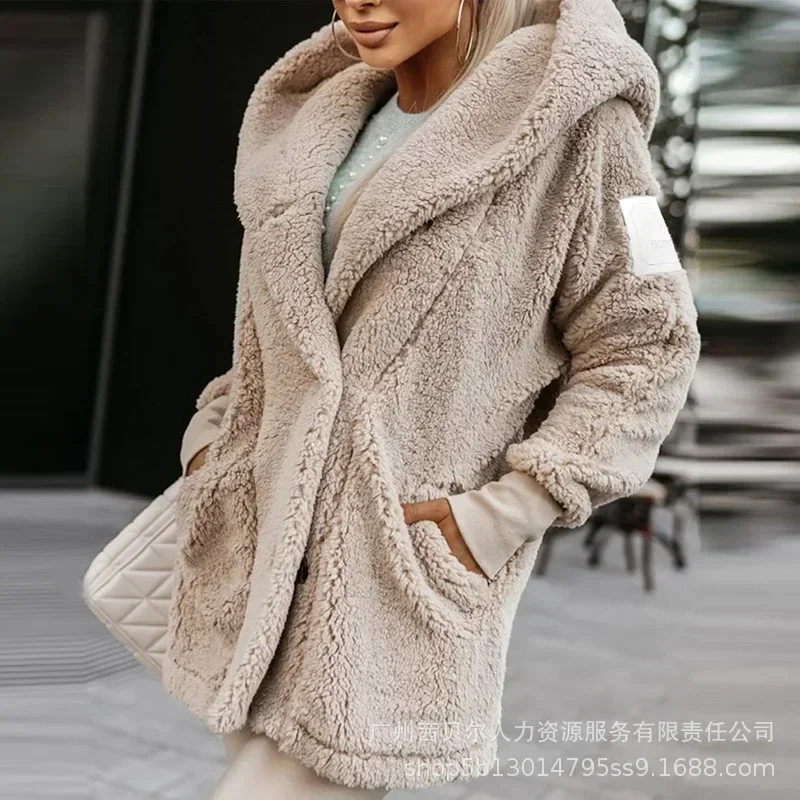 Lamb Leather Jacket Coat Women Long Sleeve Fleece Coats Outwear Buttoned Pocket Design Trend Hooded Keep Warm Teddy Coat