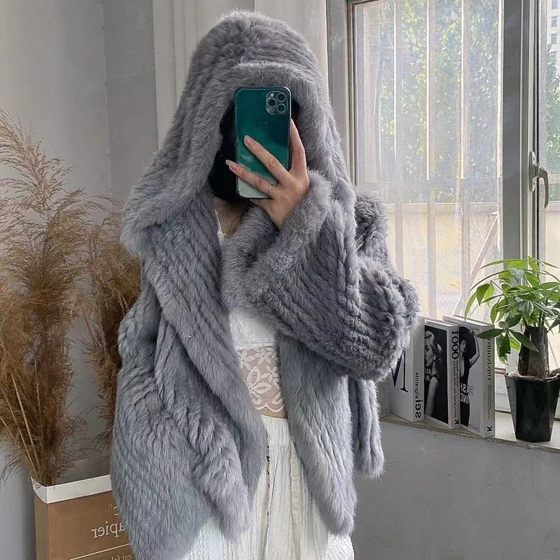 2023 Spring Knitted Real Rabbit Fur Coat With Hood Casual Loose Genuine Fur Hooded Jacket Female Outwear Ladies Natural Fur coat