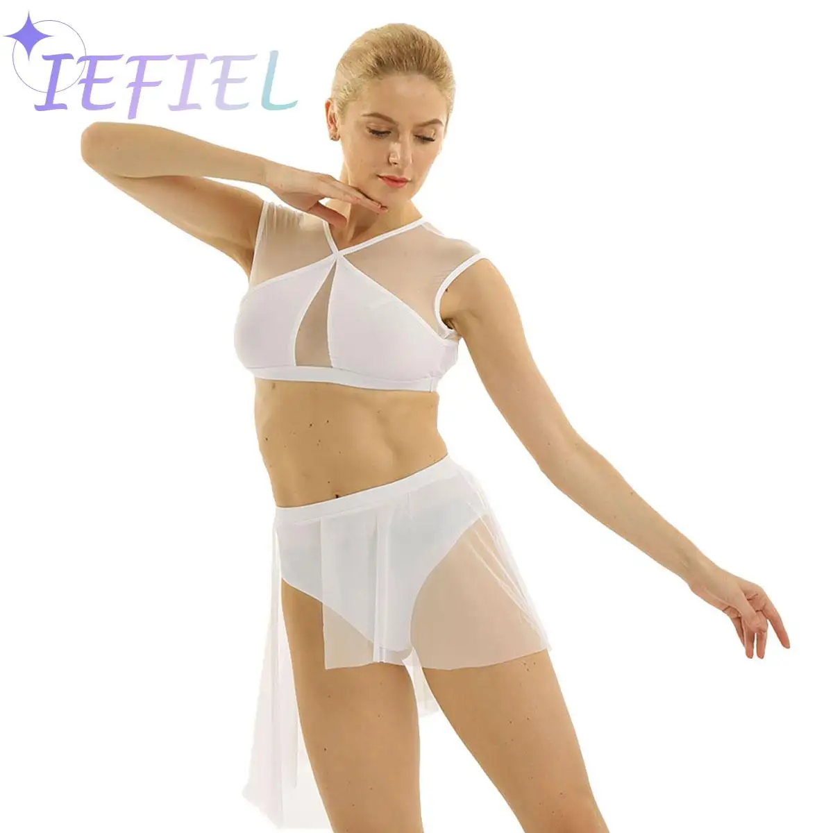 

Women Girl Two Piece Contemporary Lyrical Ballet Gym Dance Leotard Unitard Outfits Crop Tops with Short Skirt Dancewear Costume