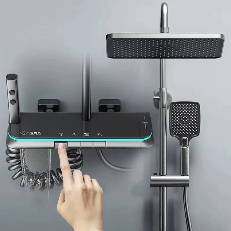 

Термостатическая душевая система, набор смесителей для душа с цифровым дисплеем, космическое алюминиевое настенное крепление, клавиши для фортепиано, водопадный душ