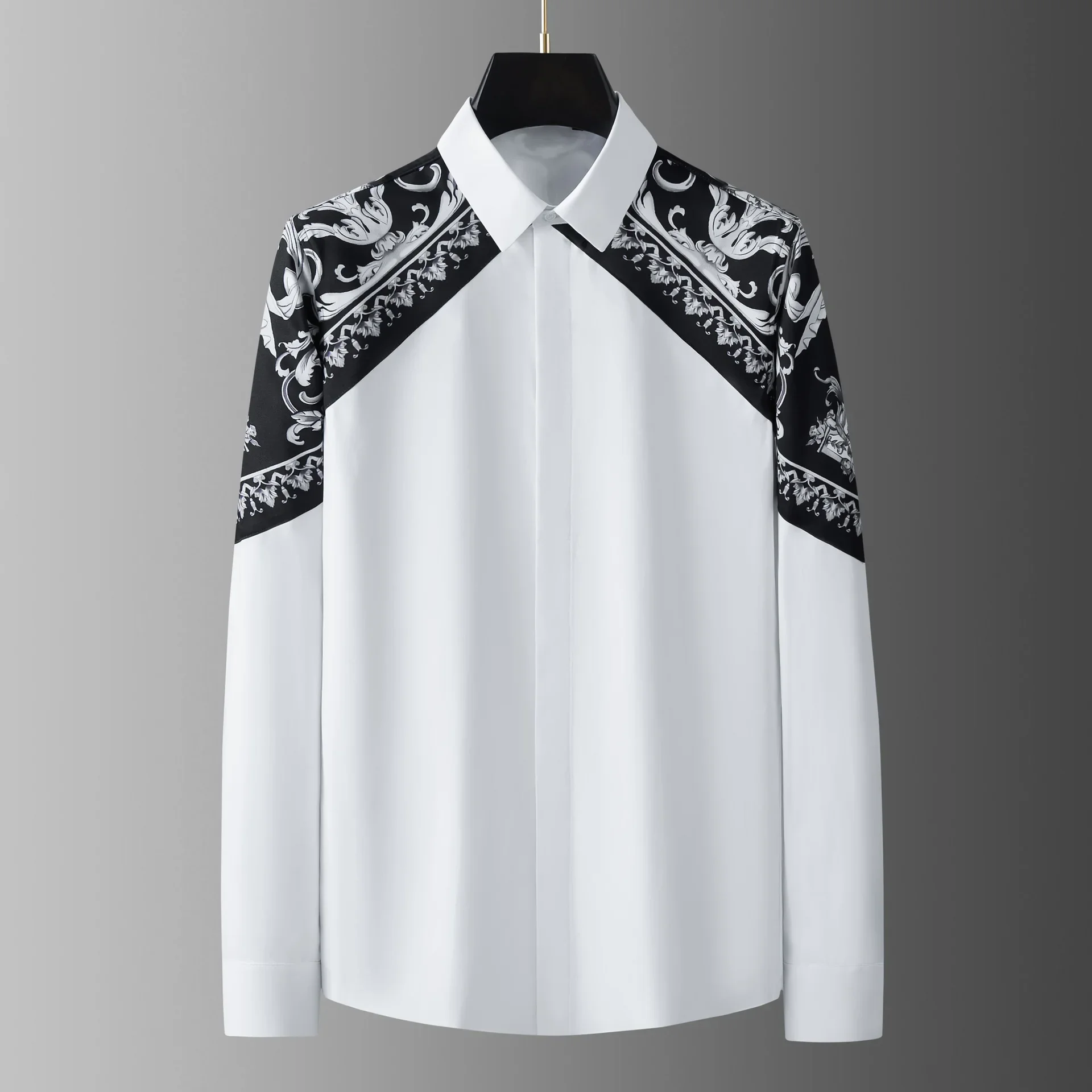 

European and American style new court flower patchwork men's long sleeved shirt, handsome and trendy top