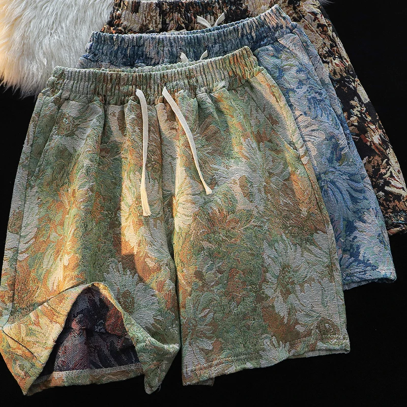 

Летние тонкие шорты с принтом, мужские китайские прямые брюки, красивые повседневные свободные брюки на шнурке, модные универсальные брюки с карманами