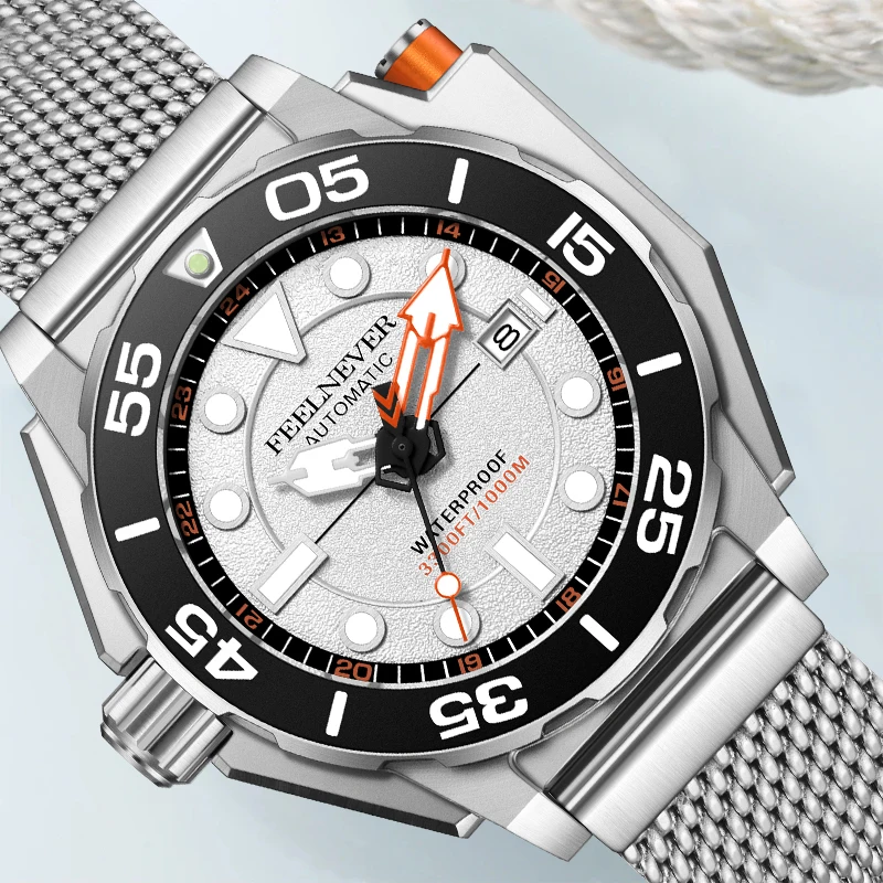 FeelNever Design Simple Fashion Dial Mechanical Man Watch Rotating Bezel Sports 316L Stainless Band Waterproof Watches for Mens