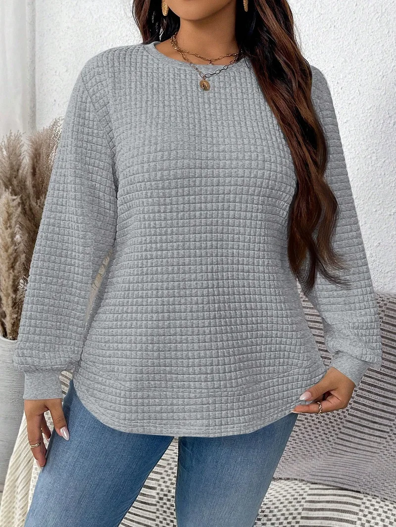 Plus-Size Women's Spring And Winter Fashion Casual Solid Color Checkered Pullover Sweatshirt Suitable For Commuting Travel