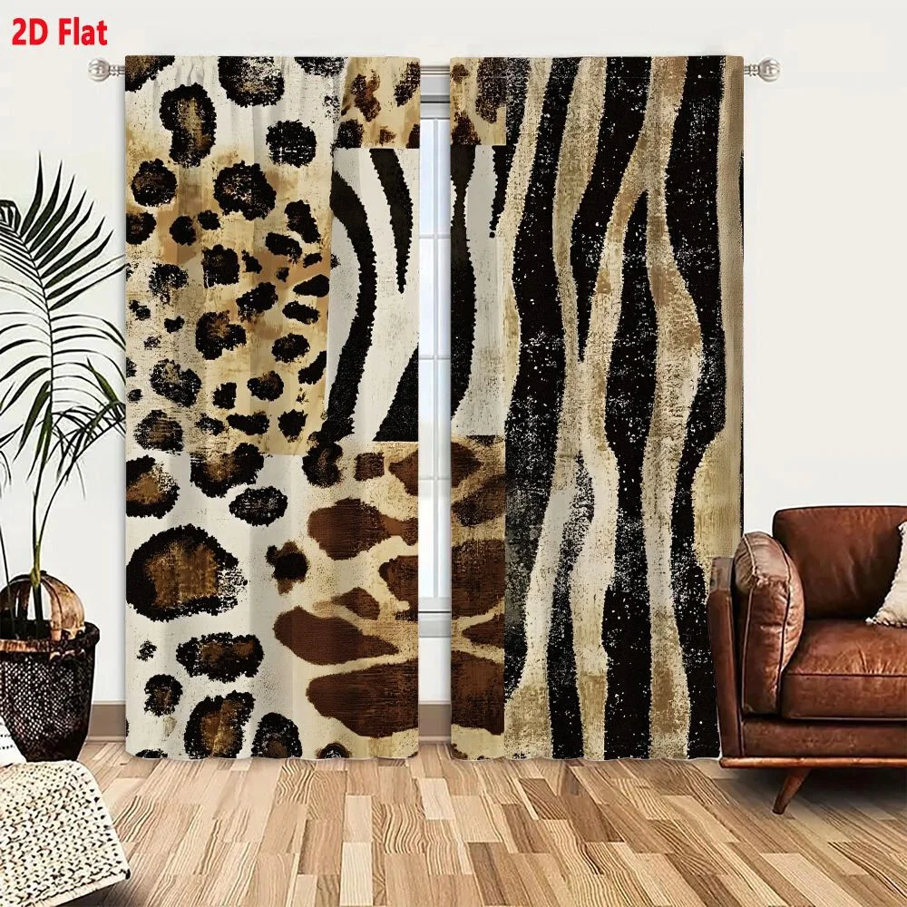 2Pcs Curtains Textured Animal Print Patchwork Fabric With Leopard Giraffe And Zebra Patterns In Earth Tones Window Drapes for Be