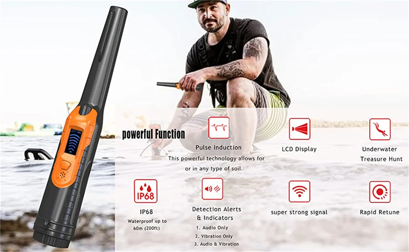 LCD Display Fully Waterproof Pinpoint Metal Detector Pinpointer360°Search Treasure Pinpointing Finder Probe for Adults and Kids