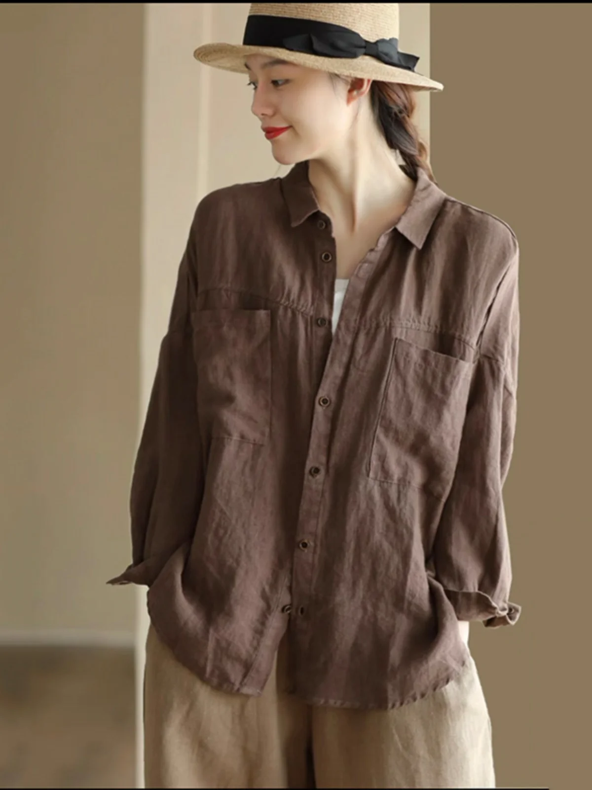 

Retro Cotton Linen Long Sve Women's irt Loose Slim Fit Collar Underwear Top Comfortable Breathable Vintage Sle