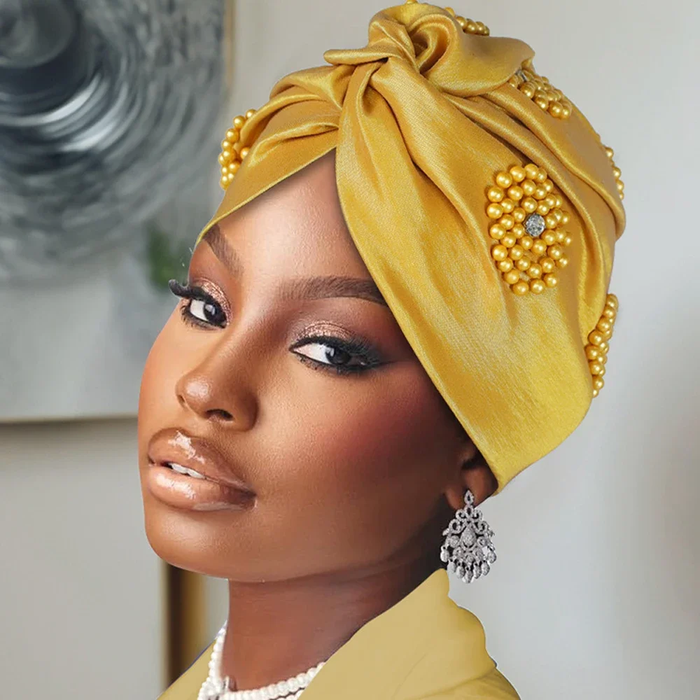 

New Beading Turban Cap for Women Bonnet Muslim Headscarf Hat African Auto Gele Headtie Hijab Headpiece Nigeria Wedding Head Wrap