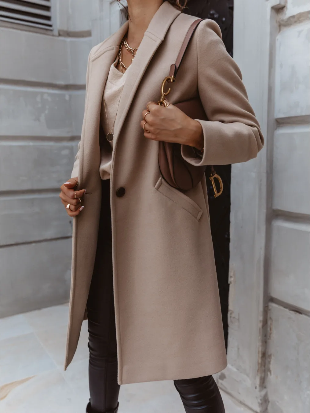 Manteau mi-long en laine boutonnée pour femme, revers de document solide, vêtements chauds et confortables, automne et hiver 2022