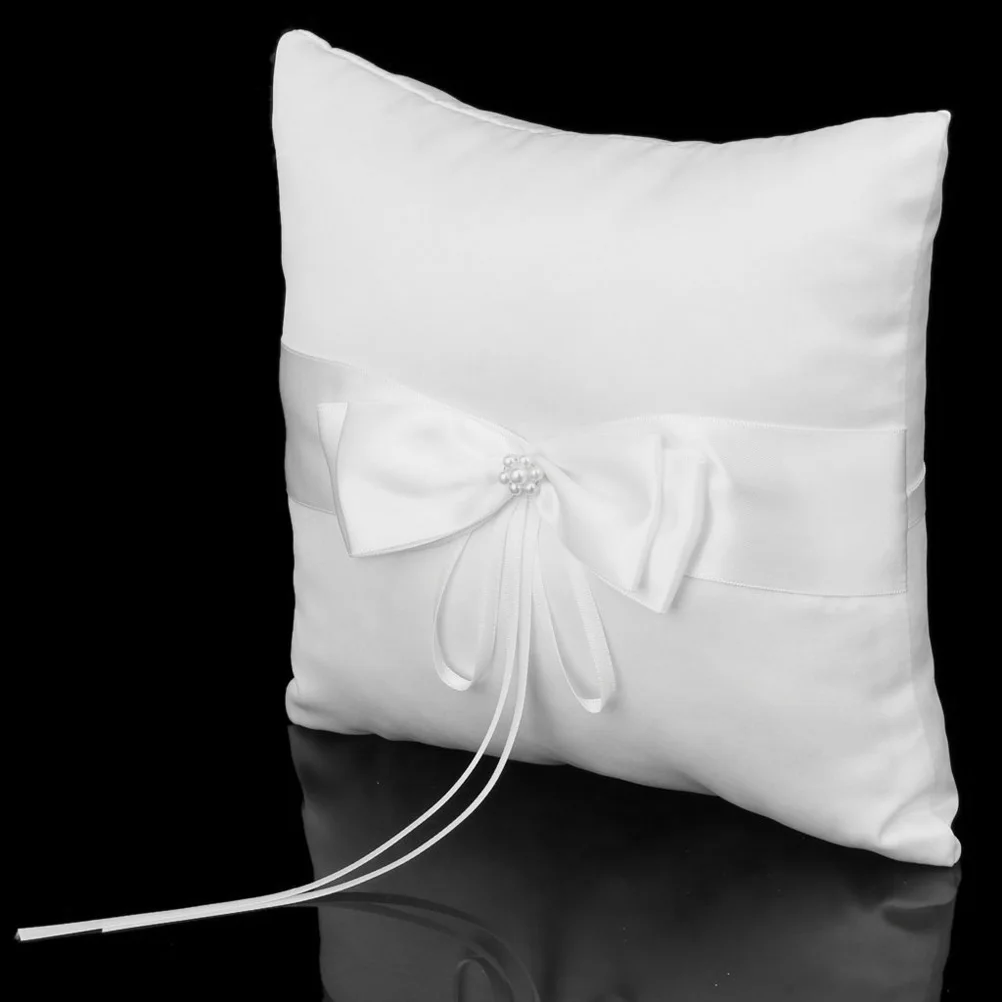 

Wedding 10x10cm Wedding Pillow Ivory Satin Faux Pearl Bowknot Back Strap Ceremony Decor