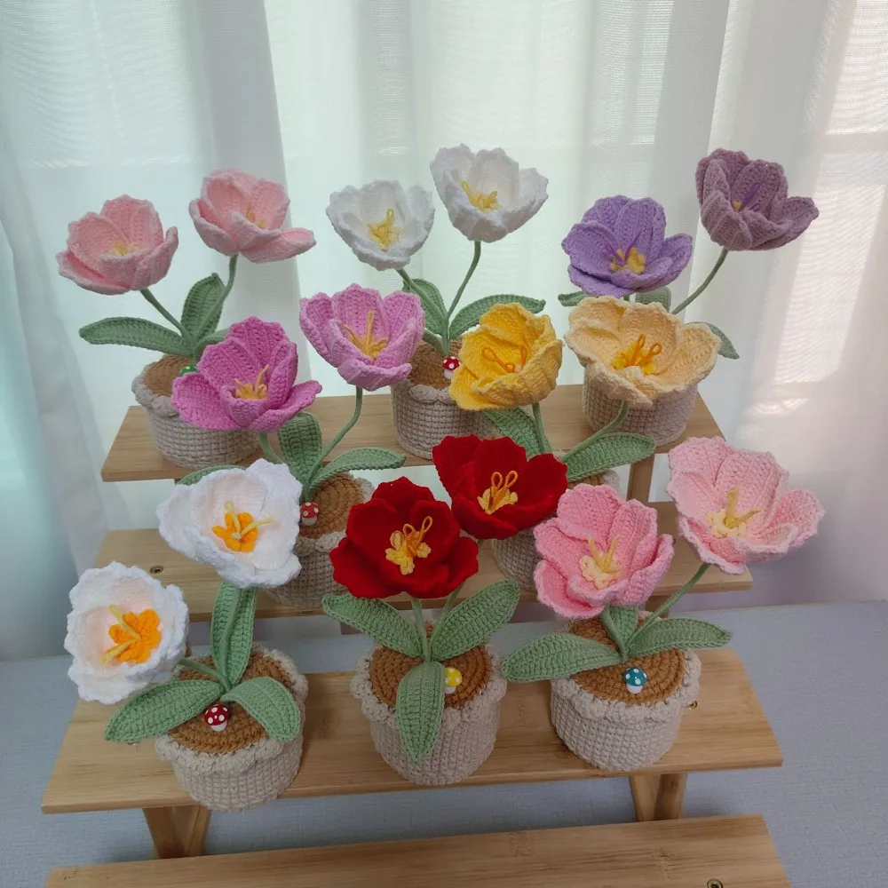 Handmade Crochet Tulip Potted Simulation Flower for Home Wedding Decoration Crafted with Soft Yarn Realistic Looking