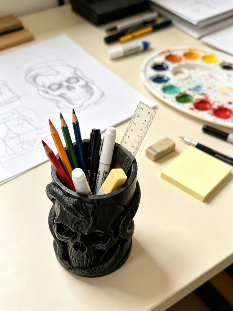 Halloween Gothic Skull Snake Pen Holder, Spooky and Thrilling Snake Sculpture Desktop Pen Organizer, Matte Black Sturdy and Durable Petg Pen Cup, Large Capacity Office Stationery Storage Container, Home Office Study Desk Decoration, Makeup Brush Holder for Storing Beauty Brushes, Gothic Enthusiast Gift, Punk Style Room Alternative Desktop Decoration Item