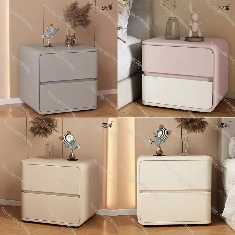 Modern Wooden Bedside Table with 2 Drawers Solid Color Faux Leather Nightstand for Bedroom Hotel End Table Storage Furniture