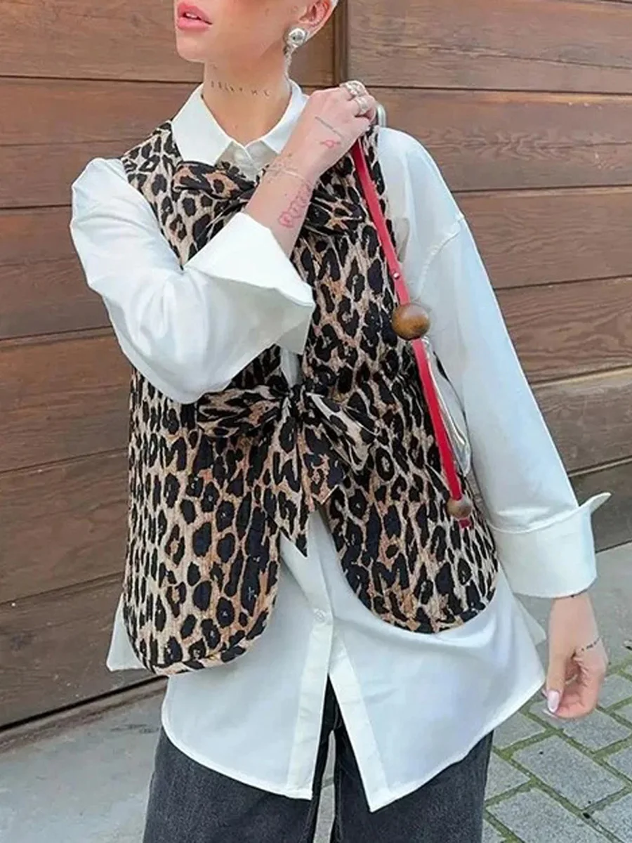 Chic Leopard Printed Bow Lace-up Tank Top Women Loose Sleeveless V-neck Vest 2024 Spring Fashion Lady Office High Street Outwear