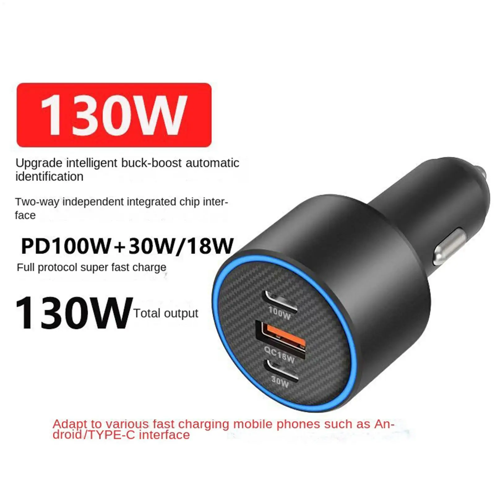 Car Charger For Cell Phone 130W Efficient Heat Dissipation Car Phone Charger For Smartphones Tablets Laptops Vehicles Trucks RVs