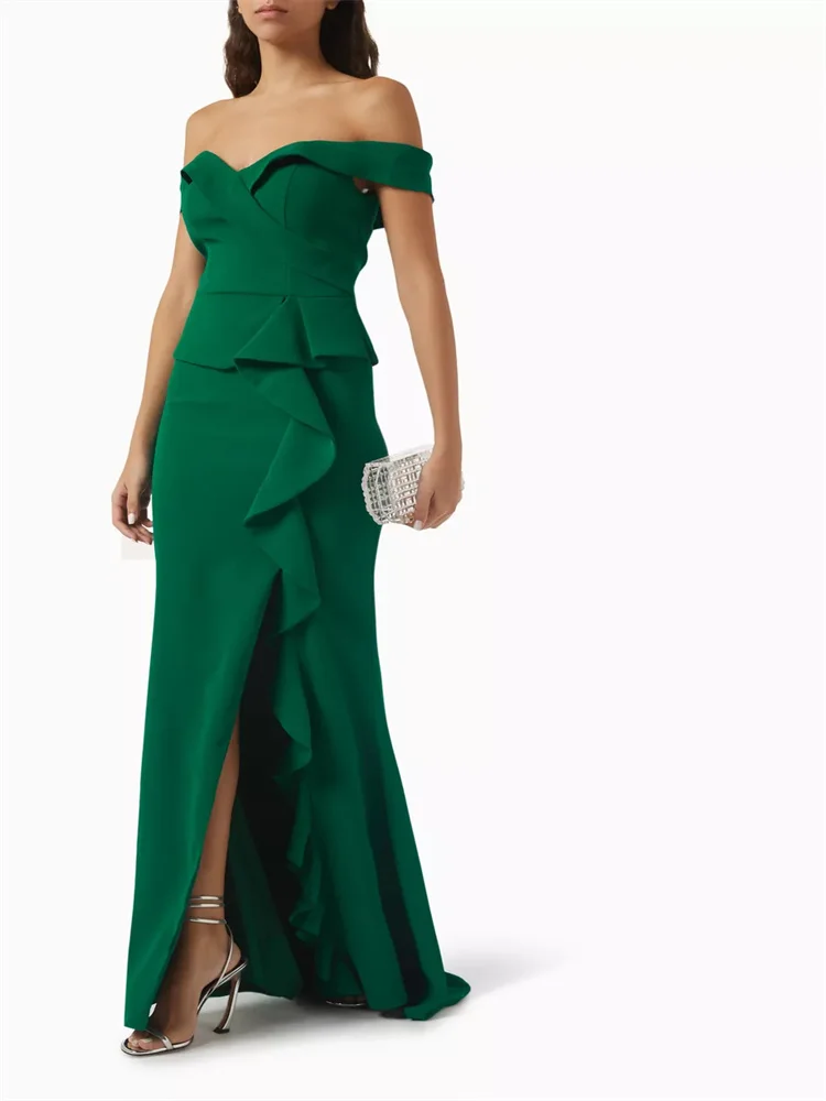 Hot Selling Off Shoulder Neckline Satin Straight Evening Dress Sexy Back Zipper Floor Length Ruffled Trim Sweep Train Gown 2024