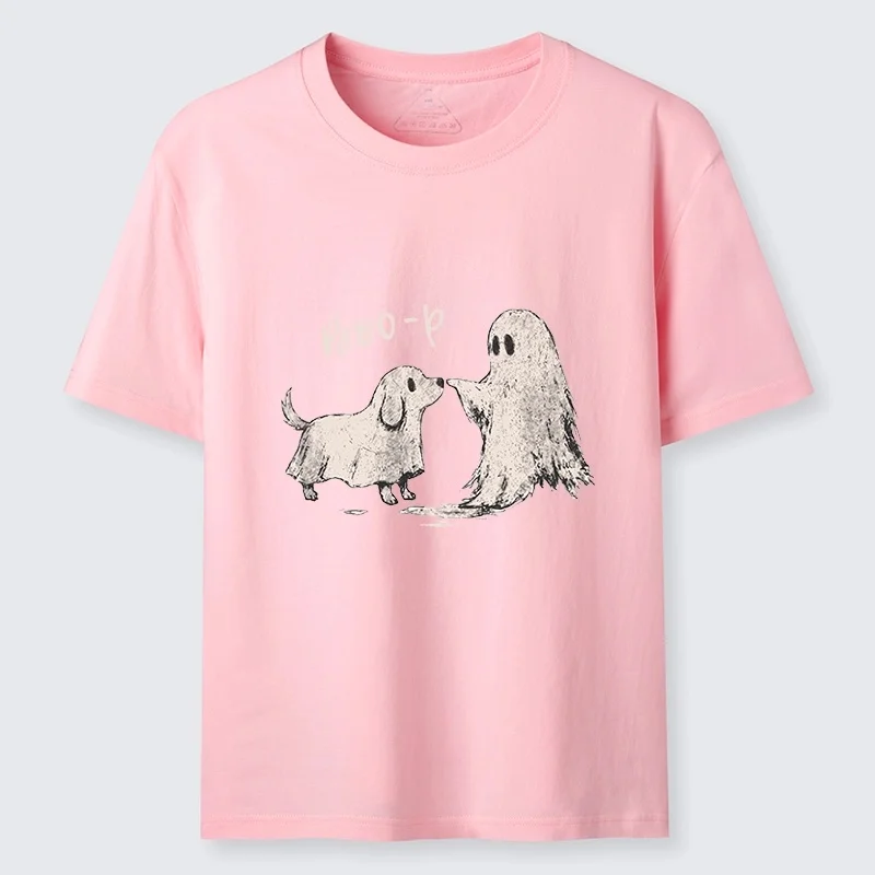 Lustiges und niedliches Geisterhund-T-Shirt mit klassischem Cartoon-Muster aus reiner Baumwolle, für Männer und Frauen im gleichen Stil, locker geschnitten, kurzärmelig, lässig. – Detail 7
