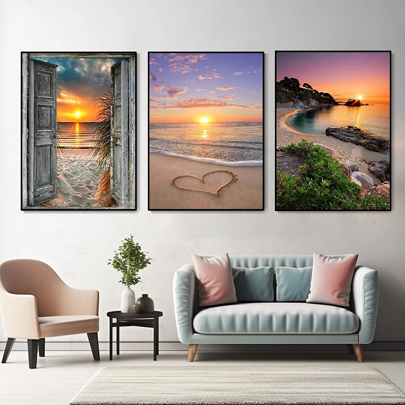 Sea View Landscape Posters and Print Sunset Beach Seascape Canvas Painting Natural Scenery Nordic Wall Art Picture Home Decor