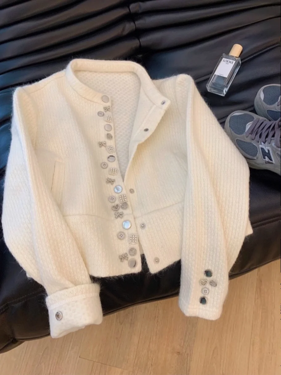 

Heavyweight Knitted Soft Fluffy Cardigan Spring Autumn Beige Winter Small ence Outerwear Multiple Buttons Design Sensation