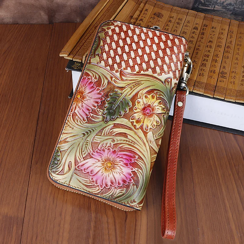 Johnature 2024 New Hand Carved Genuie Leather Women Wallet Retro Large Clutch Wallets Card Holder Leisure Cowhide Phone Purse