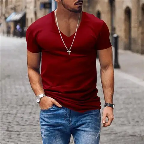 Summer Men V-neck Basic T-shirt Slim Solid Cotton Breathable Quick Dry Casual Sports Simple Versatile Bottoming Short Sleeve Top