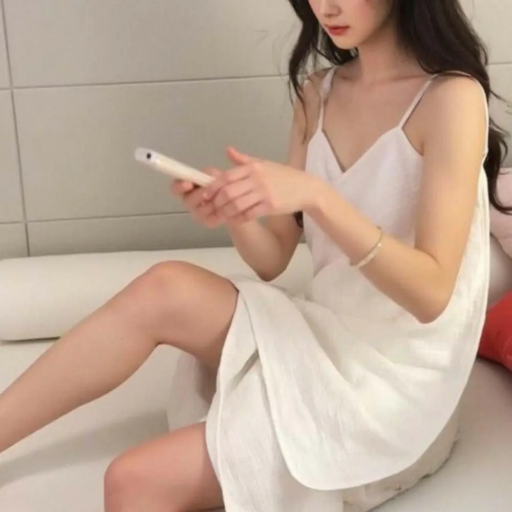 Сексуальная хлопковая ночная рубашка на подтяжках, белая пижамная юбка с открытой спиной, тонкая шея, быстросохнущая одежда для сна на бретельках, домашняя одежда