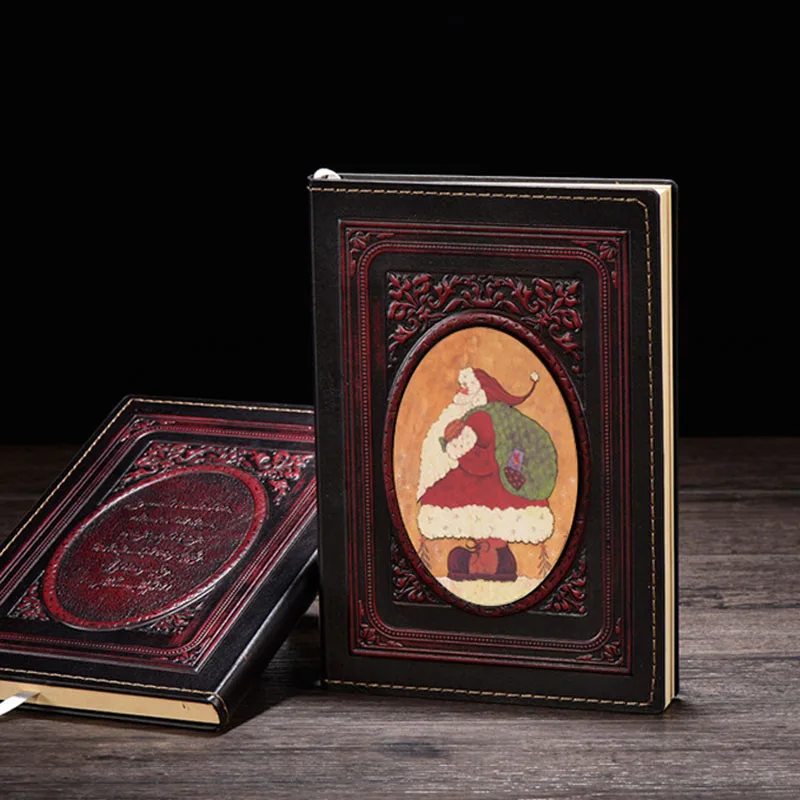A5 Santa Hardcover Notebook PU Retro European Wireless Binding Planner Notebook with 3D Embossed Leather Cover