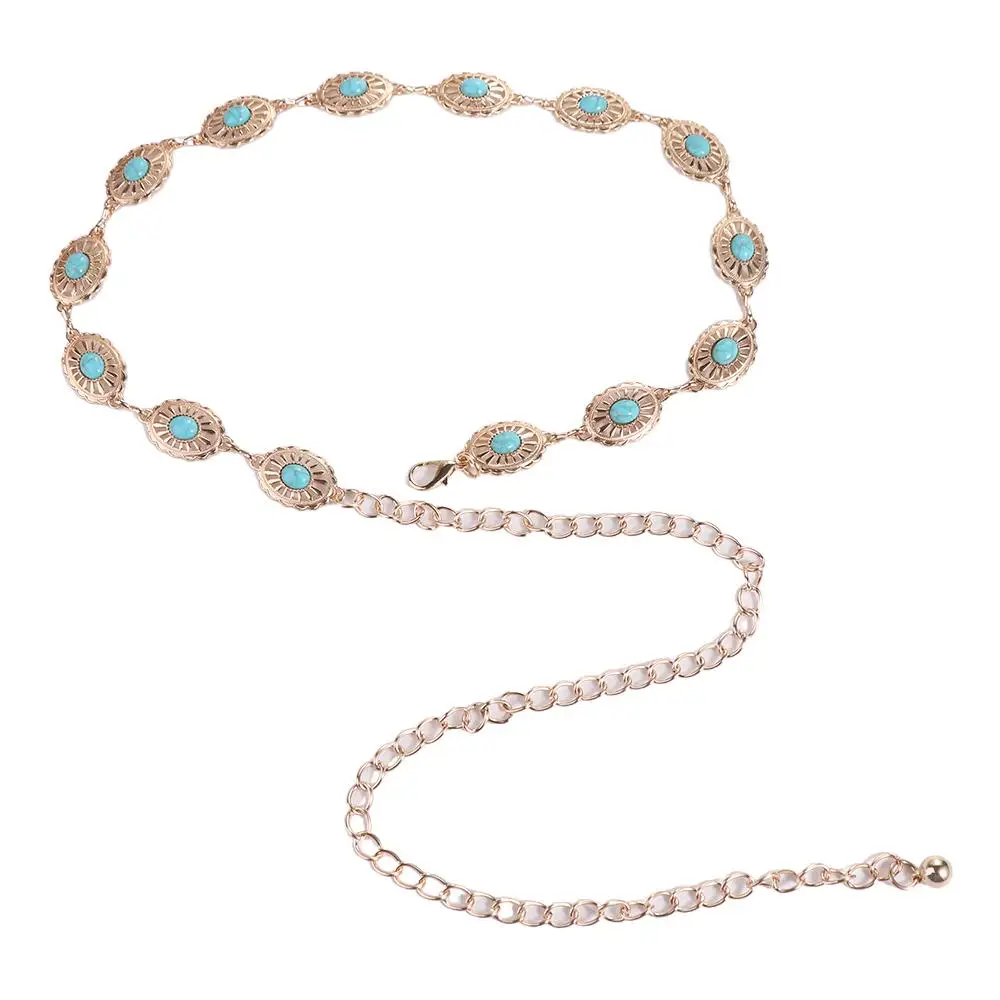 Retro Unique Beach Body Chain Y2K Punk Style Women Belts Turquoise Women Waist Chain Bohemian Belts Ethnic Style Metal Belt
