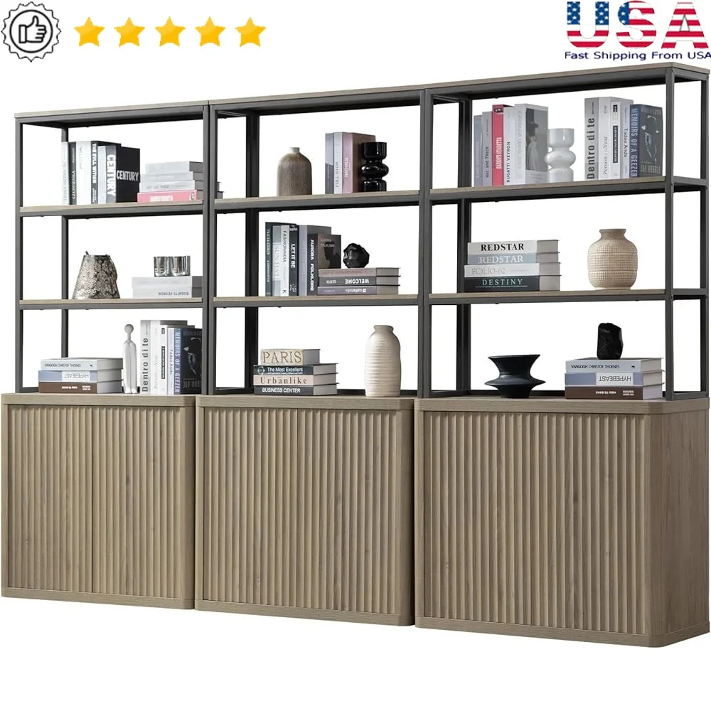

71" Tall Fluted Bookshelf with Doors 5 Tier Modern Bookcase Storage Organizing Shelves Anti-tip Design Stylish Home Decor