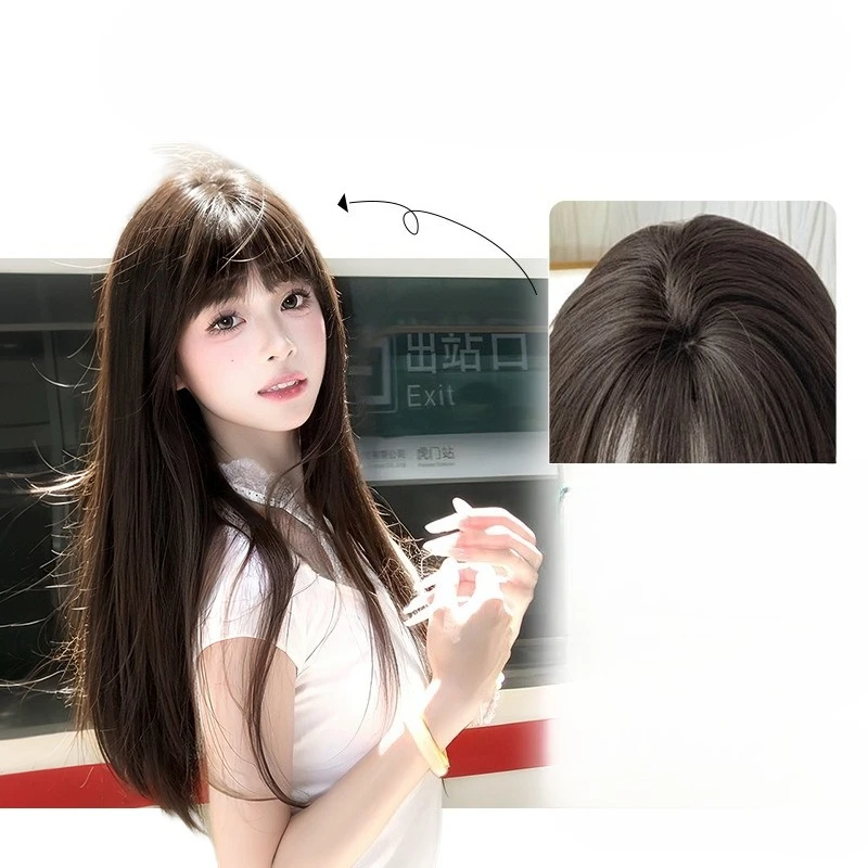 شعر مستعار نسائي يومي بنمط لوليتا بني داكن، شعر مستعار طويل مفرود مموج، مسامي وغير خانق #2