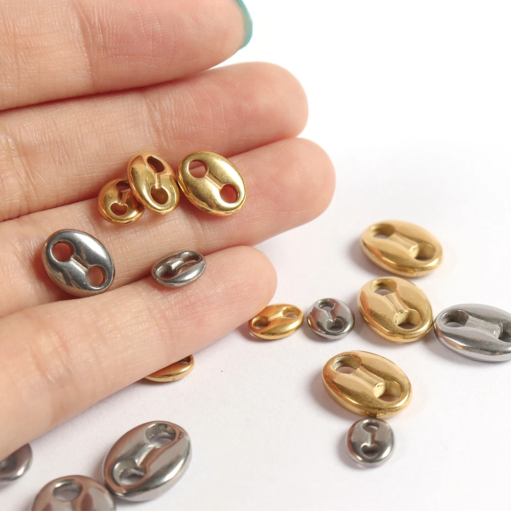 5Pcs Stainless Steel Coffee Bean Charm Double Hole Oval Flat Pig Nose Bead Connector for DIY Link Chain Bracelets Jewelry Making