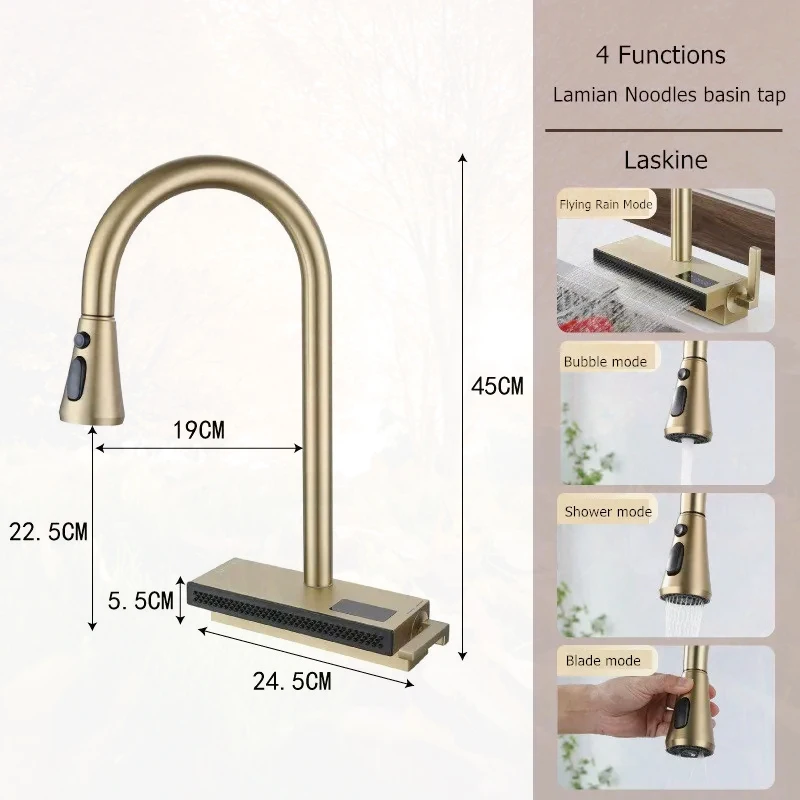 NEW Stainless Steel Pull-out Kitchen Faucet, Cold And Hot Digital Display, Waterfall Water Outlet, Multifunctional Sink Faucet