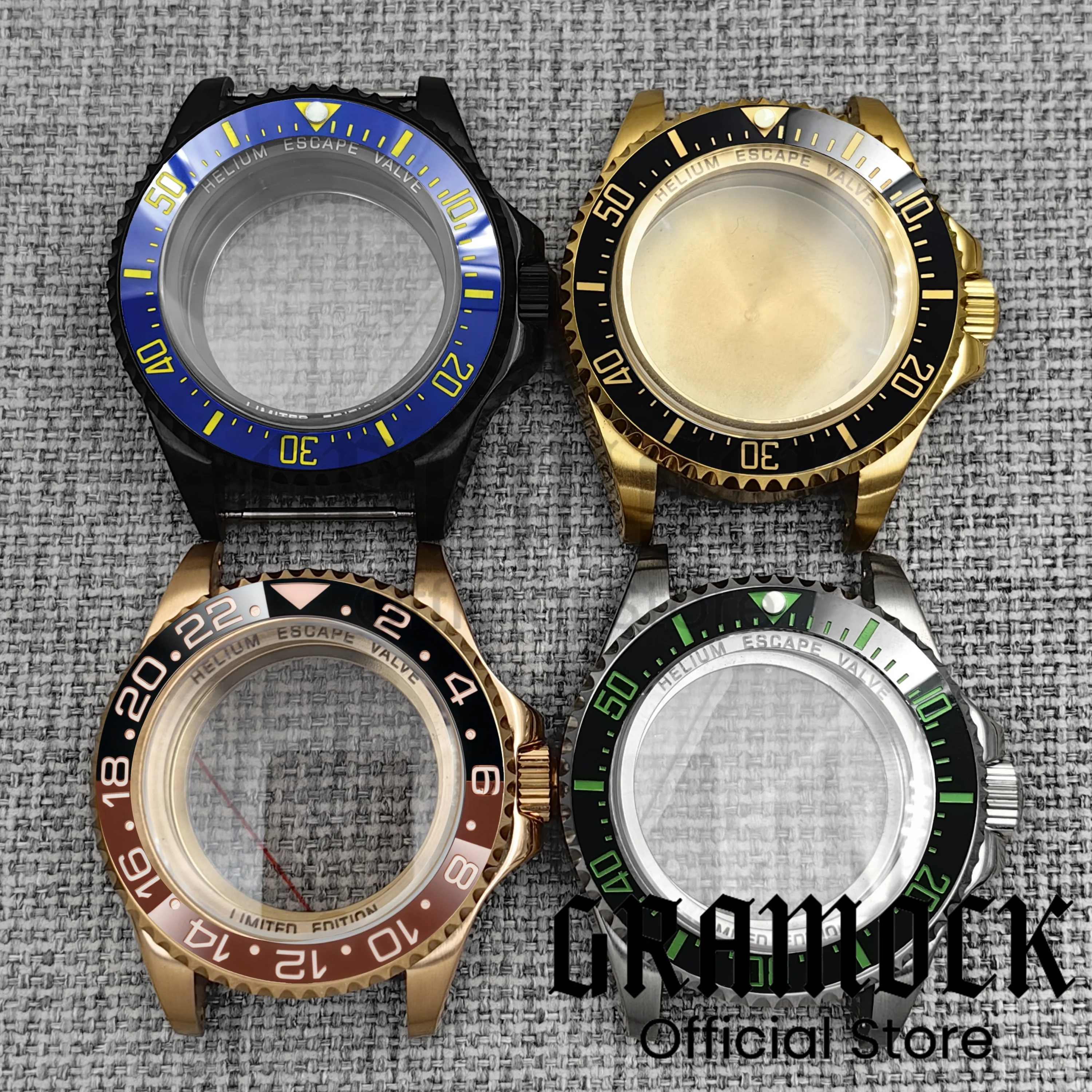 جراموك 44 ملم للرجال ذهبي كامل/ذهبي وردي DEEP SEA Homage Big Sapphire Watch Case إطار سيراميك مناسب NH34 NH35 NH38 ETA2824 PT5000