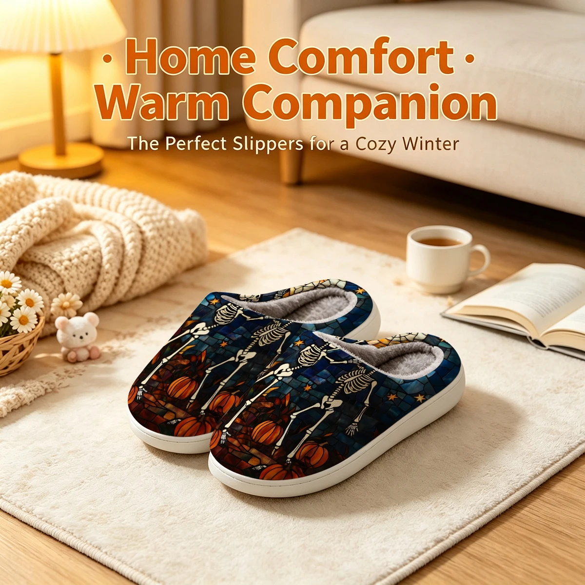 Stained Glass Skeleton Christmas White Slippers Warm Plush Indoor Shoes Non-Slip Winter Slippers Family Holiday Gifts Soft view 3
