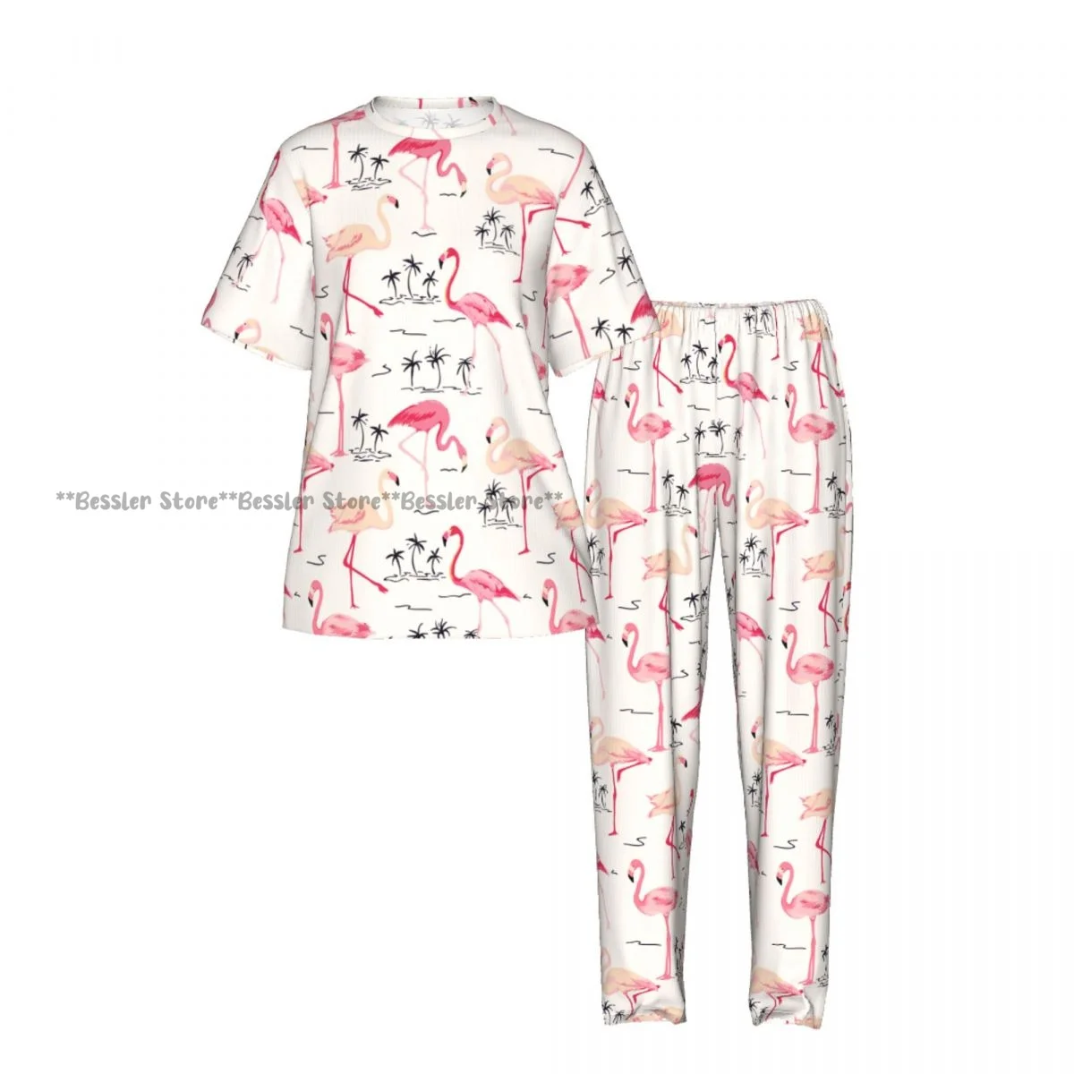 Flamingo Bird Retro Palm Tree Pajamas Set Short-sleeved Women Home Clothing view 2