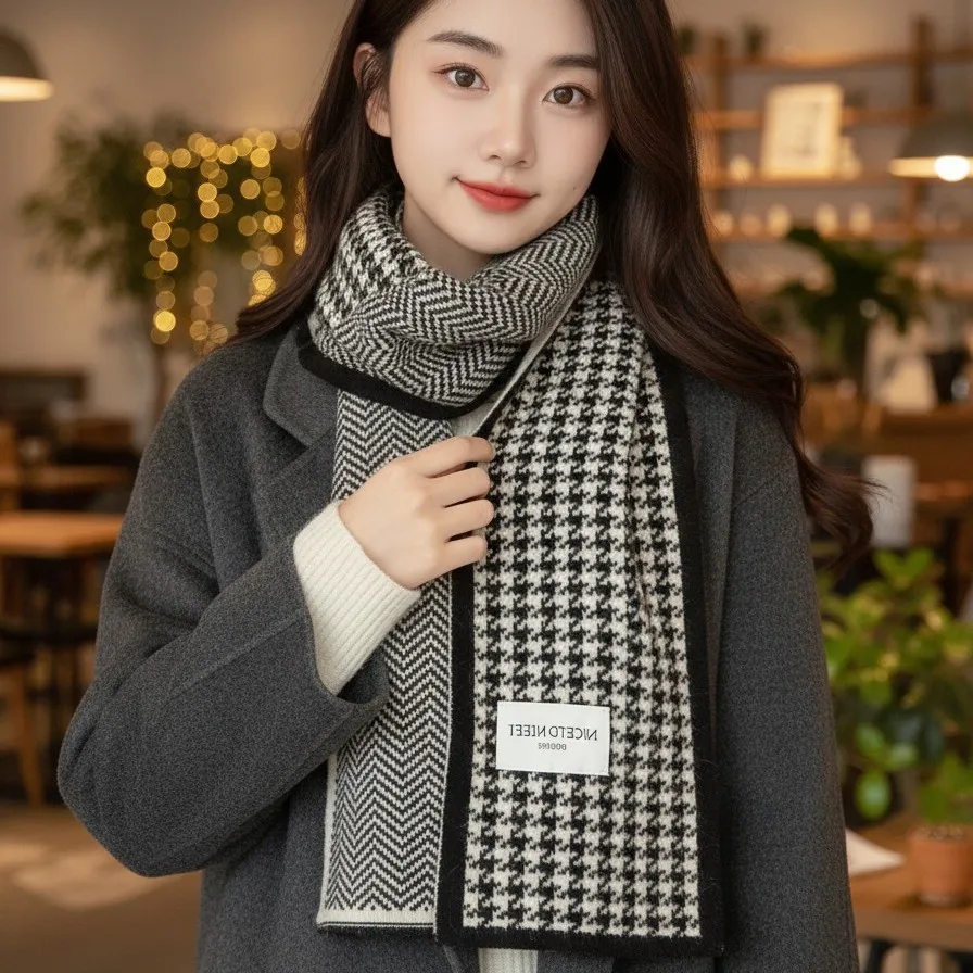 

Шарф с узором «гусиные лапки», двусторонний утолщенный осенне-зимний шарф в корейском стиле, универсальный, теплый, для студентов, простой клетчатый, утеплитель для шеи