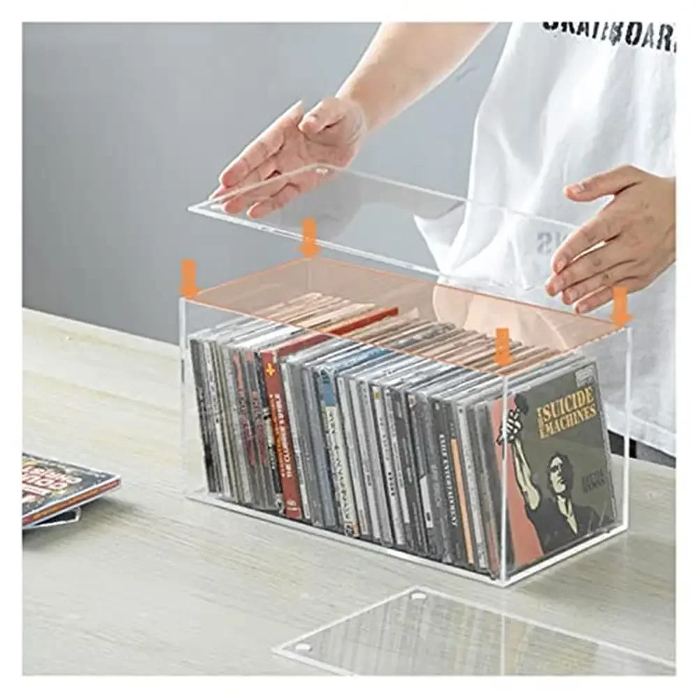 Caja de almacenamiento acrílica para CD y DVD, organizador de álbumes, estante de disco para el hogar, soporte de estante de medios, caja de clasificación, estante de unidad de acabado apilable