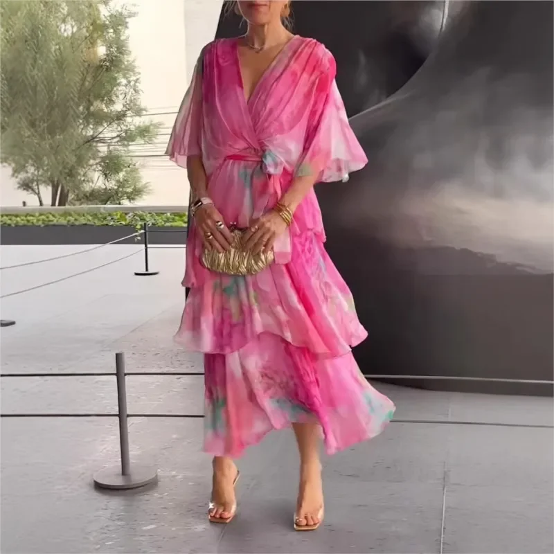 Verão novo elegante vestido de chiffon feminino moda impresso com decote em v manga curta em camadas plissado solto rendas saia longa